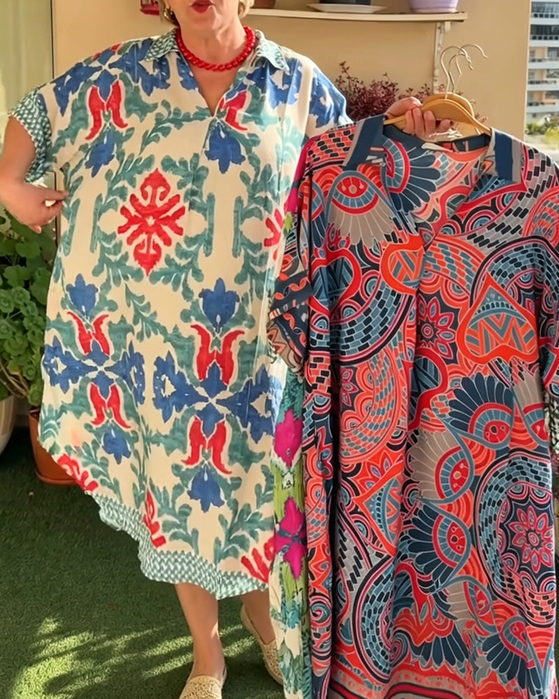 Bohemian Print Loose Fit Shirt Dress