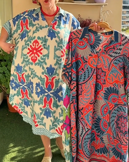 Bohemian Print Loose Fit Shirt Dress