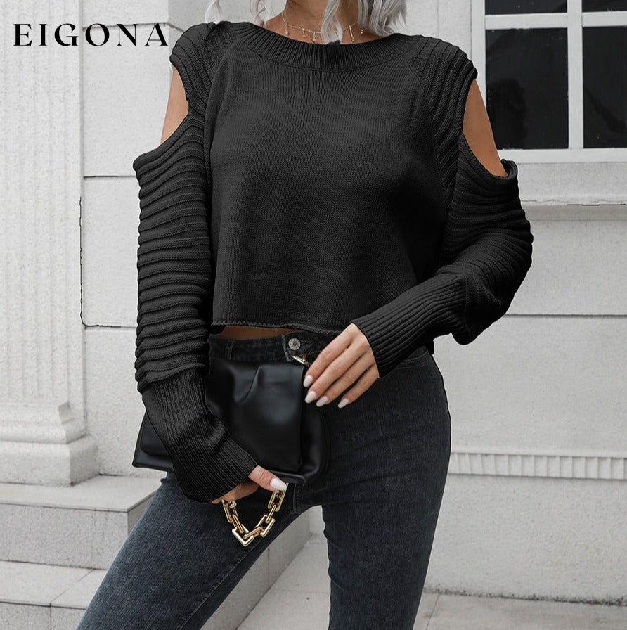 Cold-Shoulder Ribbed Trim Sweater Black B&S clothes Color Green olive green top Ship From Overseas Shipping Delay 09/29/2023 - 10/01/2023 sweater trendsi