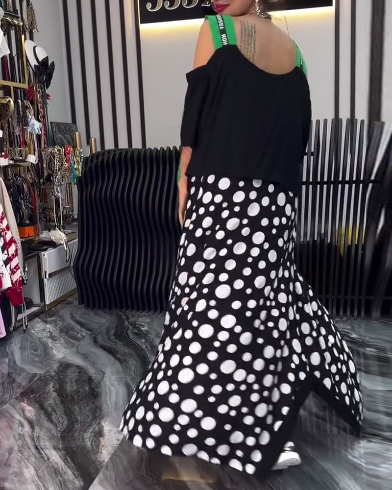 Abito casual patchwork a pois con bretelle