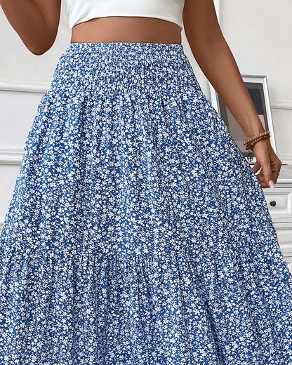 Layered Tiny Flower Print A-Line Long Skirt
