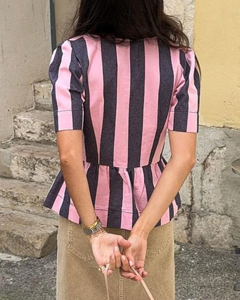 Vertical stripe print short-sleeved casual top 202466 blouses & shirts summer