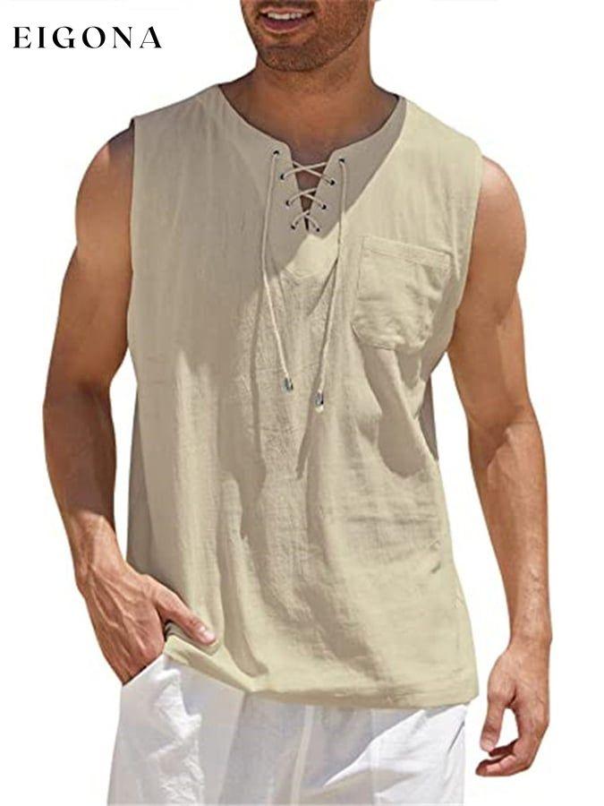 Men's Casual Cotton Linen Solid Color Hooded Lace Up Vest men s linens