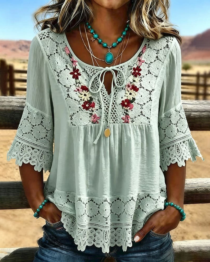 Tie Lace Panel Casual Blouse