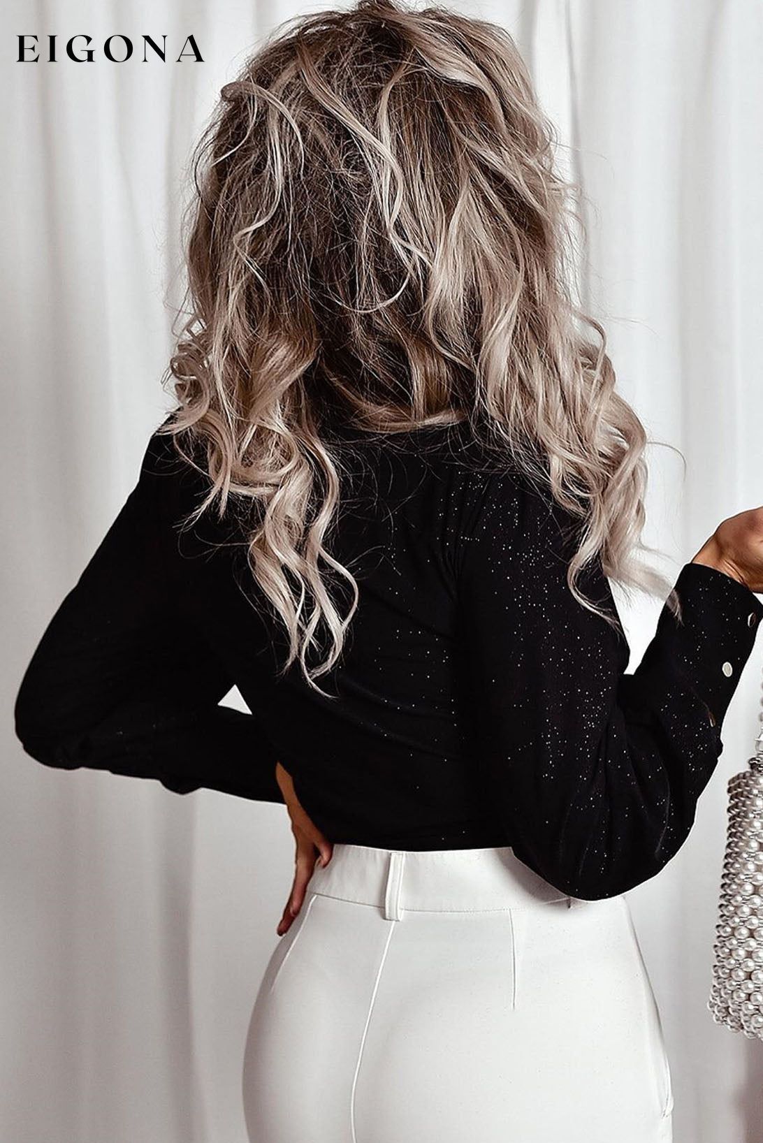 Black Glitter Wrap V Neck Tie Hem Puff Sleeve Blouse All In Stock clothes long sleeve top long sleeve tops Occasion Night Out Print Solid Color Style Elegant top tops