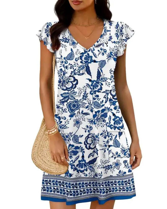 V Neck Ruffle Flutter Sleeve Floral Dress