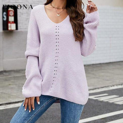Openwork Dropped Shoulder Long Sleeve Sweater Carnation Pink clothes Ship From Overseas X.X.W