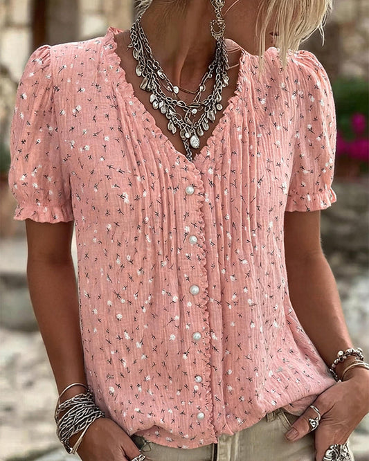 Puff Sleeve Floral Print Short-Sleeve Blouse blouse&shirts spring summer