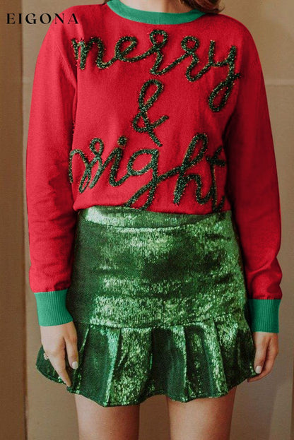 Fiery Red Tinsel Merry & Bright Graphic Contrast Trim Sweater All In Stock Best Sellers christmas sweater clothes Color Red Craft Embroidery Day Christmas Print Letter Season Fall & Autumn Style Southern Belle sweater sweaters