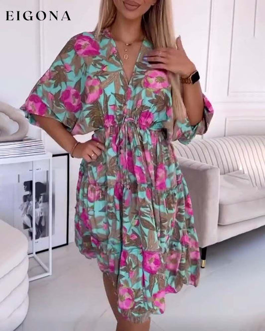 Elegant dress with drawstring ties and floral print casual dresses spring summer