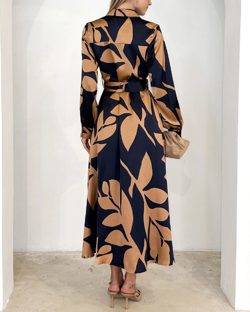 Elegant leaf print long sleeve lapel dress 2023 f/w casual dresses spring