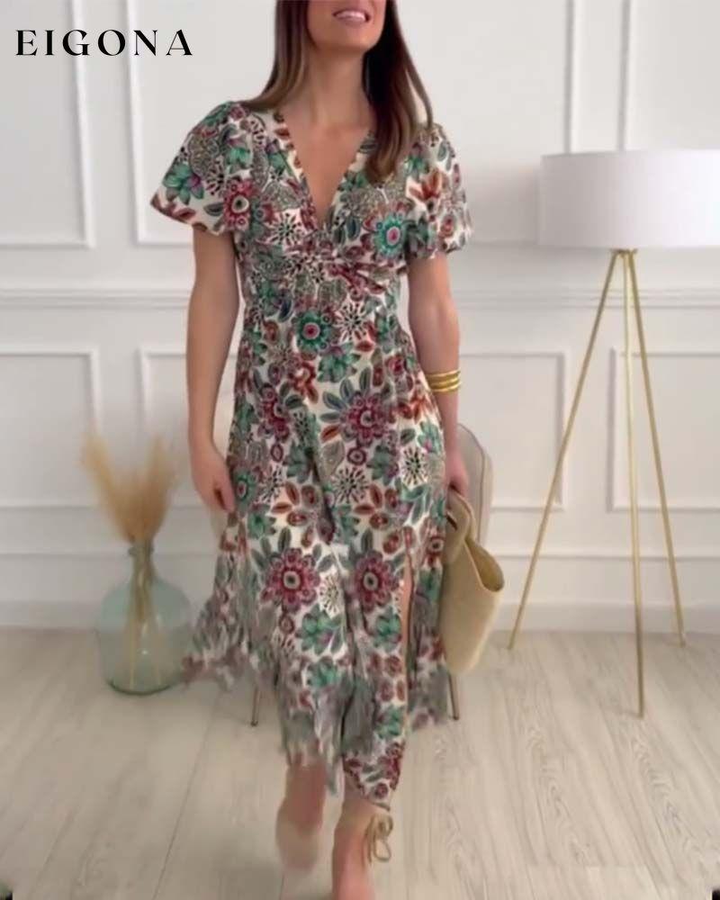 Elegant V-neck printed slit dress Casual Dresses spring summer