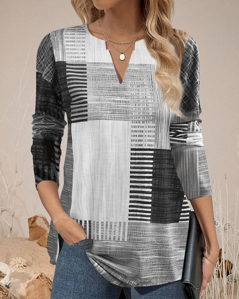 Casual printed V-neck long-sleeve top 2024 f/w blouses & shirts spring