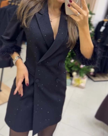 Ostrich Feather Hot-Fix Crystals Double-Breasted Blazer Dress