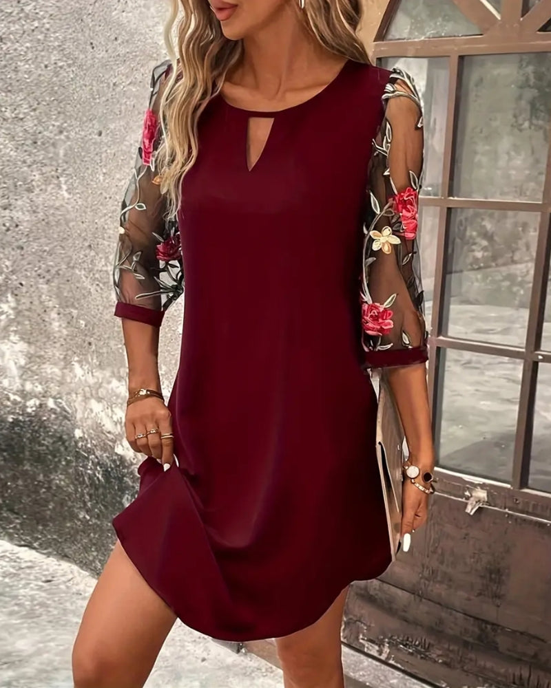 Round neck hollow rose print dress 202466 casual dresses summer