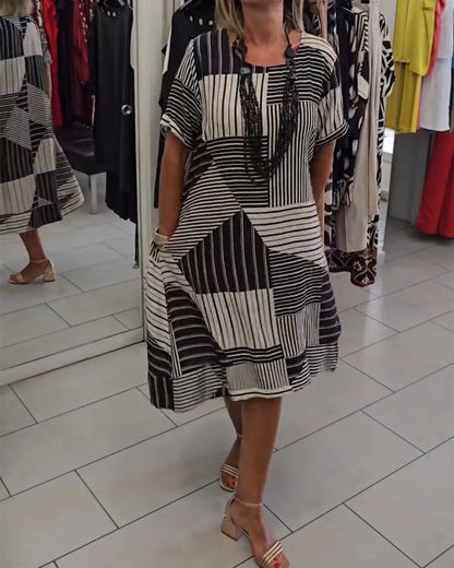 Crew Neck Stripe Pocket Dress