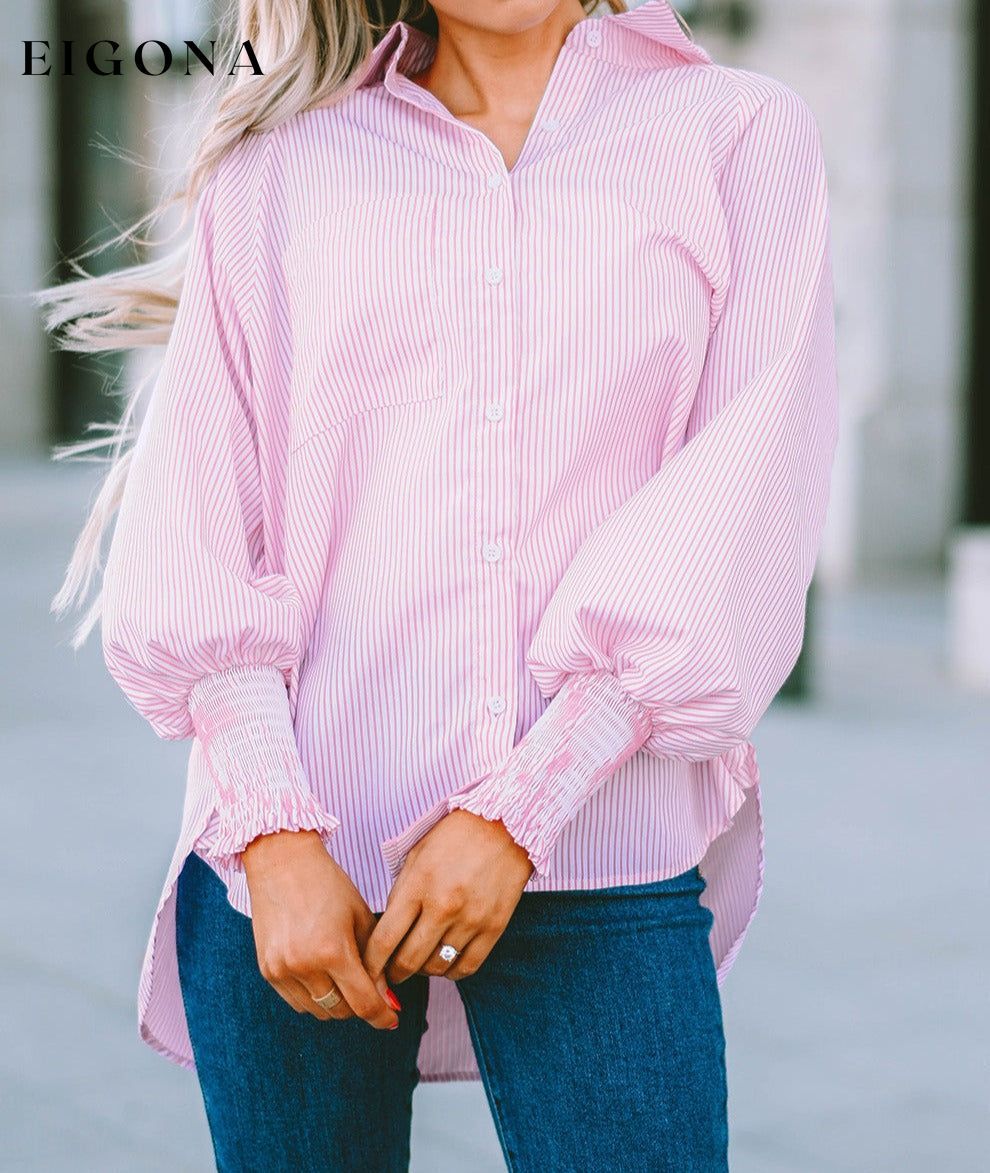 Pink Smocked Cuffed Striped Boyfriend Shirt with Pocket All In Stock button down womens clothes Color Pink Craft Smocked DL Exclusive Early Fall Collection long sleeve shirts long sleeve top Occasion Daily Print Stripe Season Spring Stripe tops Style Modern tops