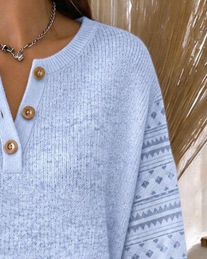 Round Neck Buttoned Striped Loose Sweatshirt