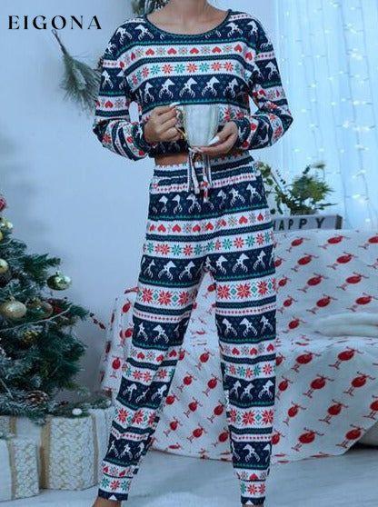 Printed Drawstring Top and Pants Christmas Pajama Set French Blue Christmas pajamas clothes lounge wear Romantichut Ship From Overseas