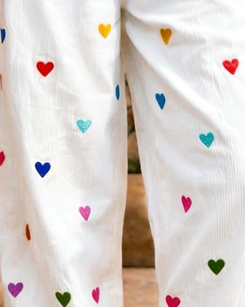 Heart Elastic Waist Wide Leg Cropped Pants