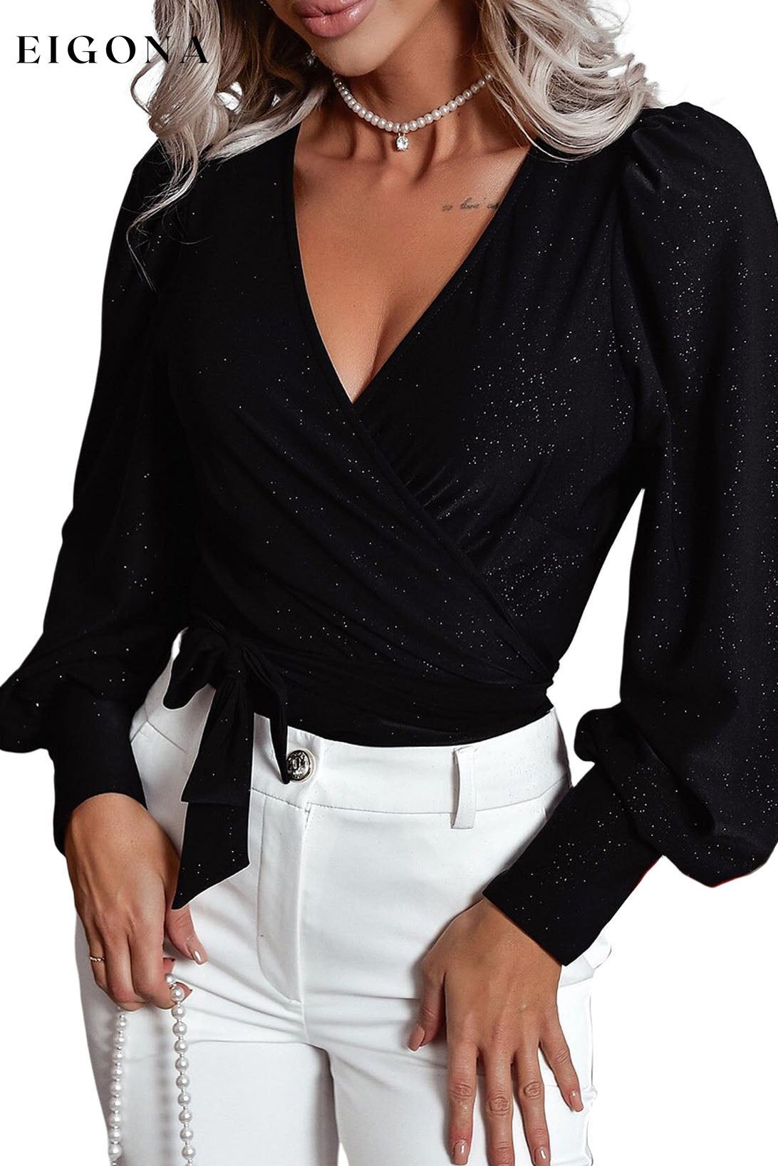Black Glitter Wrap V Neck Tie Hem Puff Sleeve Blouse All In Stock clothes long sleeve top long sleeve tops Occasion Night Out Print Solid Color Style Elegant top tops