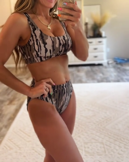 Camouflage-Print Sporty Two-Piece Swimsuit