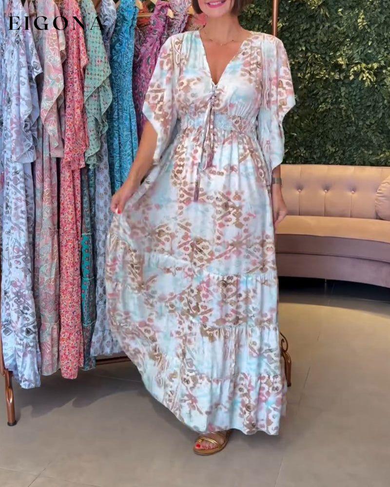 V-neck printed butterfly sleeve long dress casual dresses spring summer