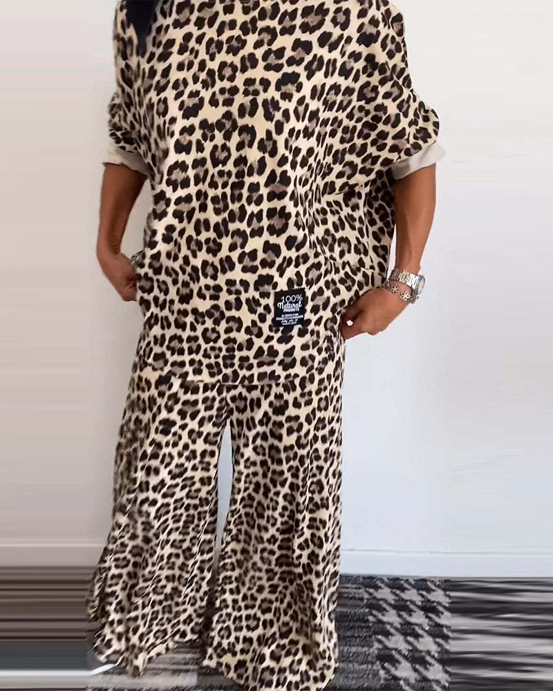 Casual leopard print crew neck pocket top wide leg pants set 2024 f/w two-piece sets