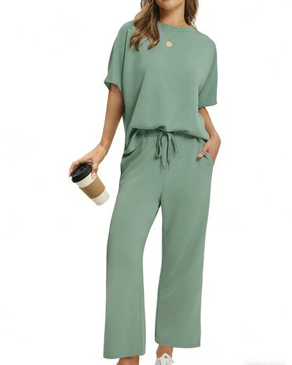 Solid Color Crew Neck Short-Sleeved Suit
