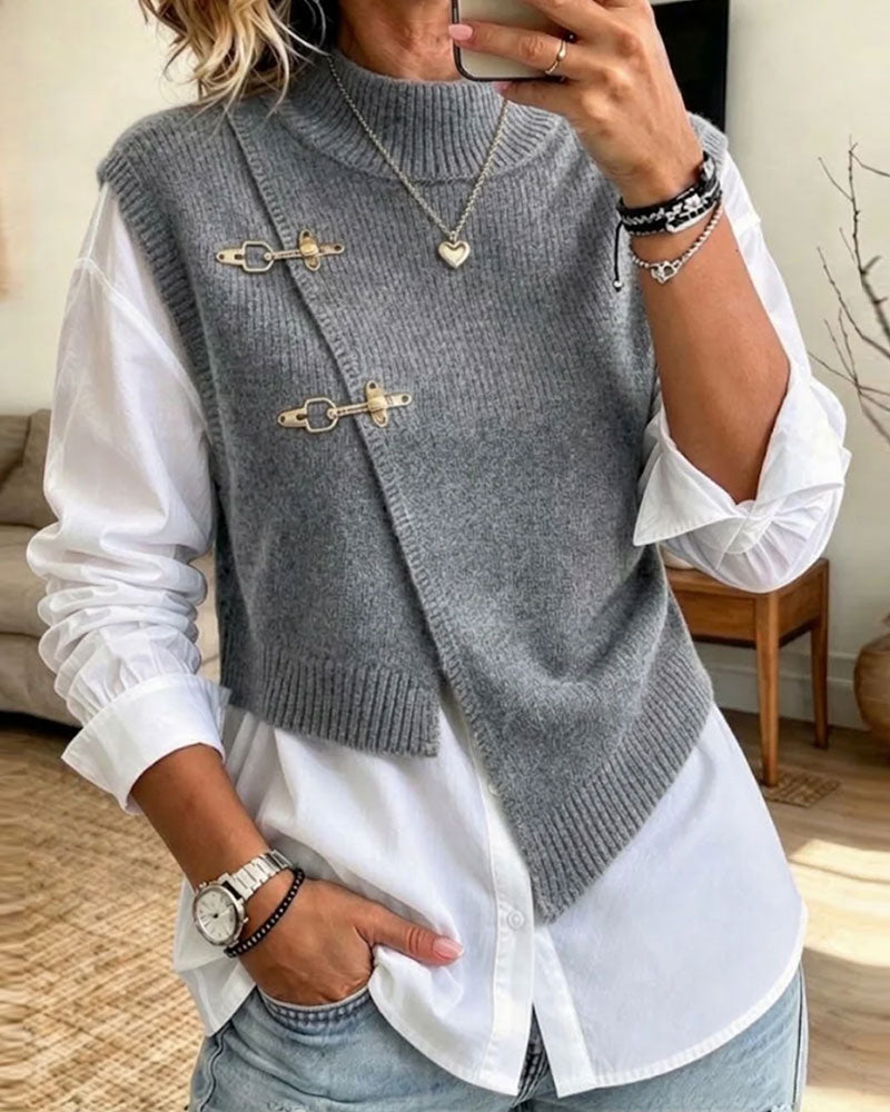 Half Turtleneck Diagonal Buttoned pullover Vest Set