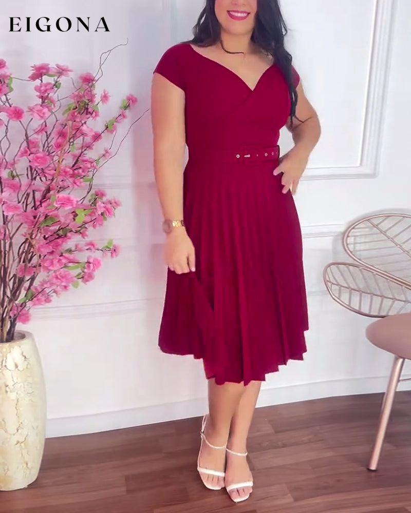 Solid color pleated V-neck elegant dress casual dresses summer