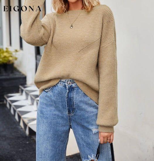 women's round neck loose pullover knit sweater Khaki clothes long sleeve tops Sweater sweaters tops