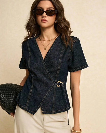 Irregular Lace-Up Denim Blouse