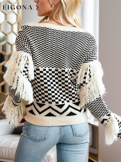 Geometric Fringe Detail V-Neck Sweater clothes P@B@Z Ship From Overseas sweater sweaters Sweatshirt