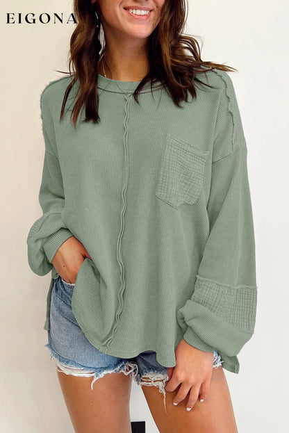 Waffle-Knit Exposed Seam Lantern Sleeve Blouse Sage clothes Ship From Overseas SYNZ