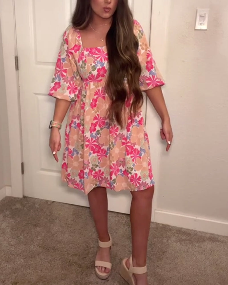 Square-Neck Puff-Sleeve Babydoll Dress