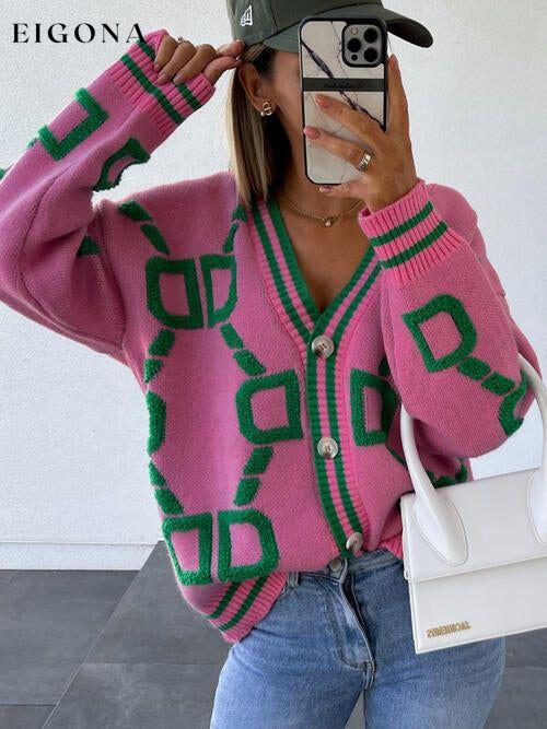 Geometric Dropped Shoulder Button Down Sweater Cardigan cardigan cardigans clothes S.X Ship From Overseas sweater sweaters