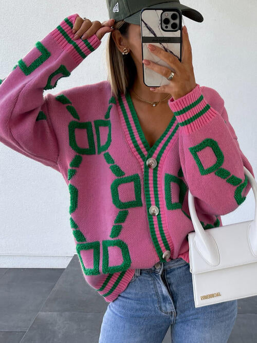 Geometric Dropped Shoulder Button Down Sweater Cardigan cardigan cardigans clothes S.X Ship From Overseas sweater sweaters