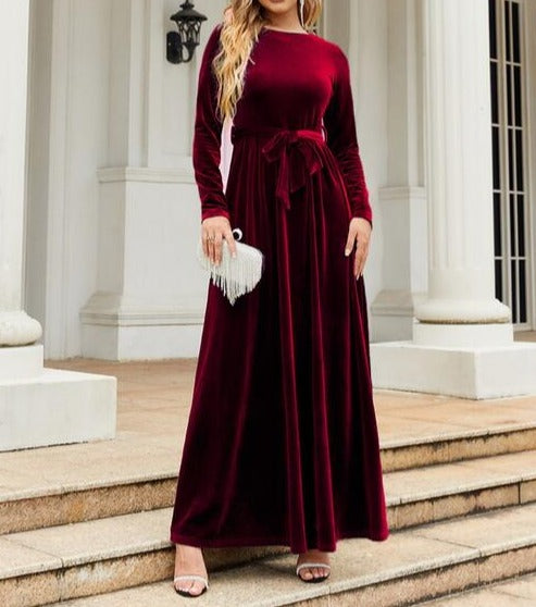 Tie Front Round Neck Long Sleeve Maxi Dress Wine A@Y@Y clothes Ship From Overseas