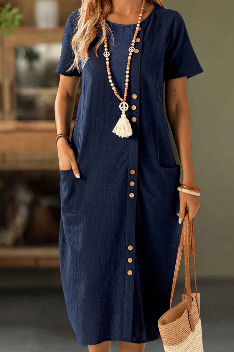Buttoned Short Sleeve Pocket Shift Dress