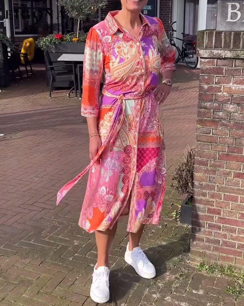 Printed lapel strappy long dress casual dresses spring summer