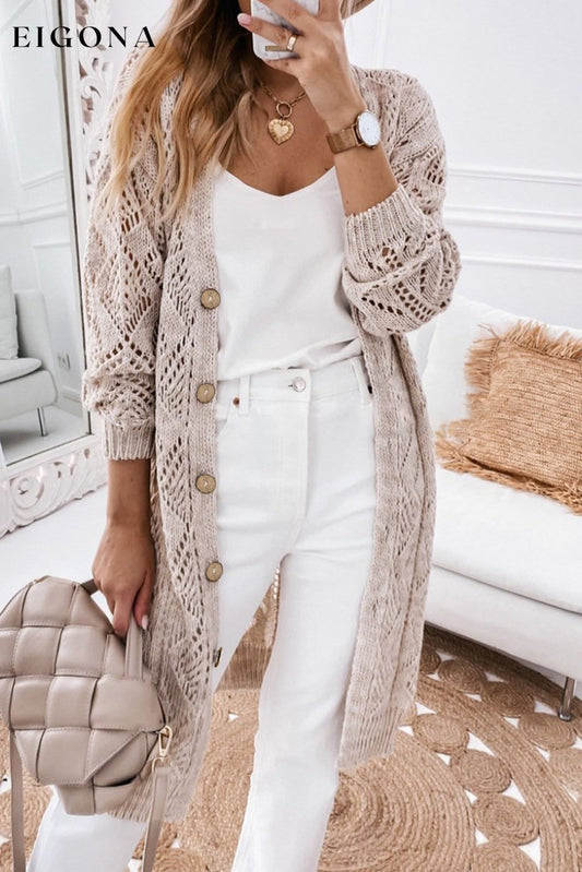 Khaki Hollow-out Openwork Knit Cardigan Khaki 60%Cotton+40%Acrylic All In Stock Best Sellers Category duster cardigan clothes Craft Crochet cárdigan Occasion Daily Print Solid Color Season Fall & Autumn Style Elegant sweater sweaters