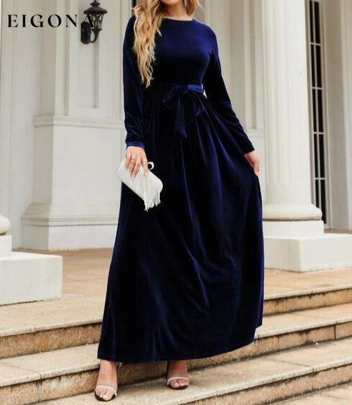 Tie Front Round Neck Long Sleeve Maxi Dress Navy A@Y@Y clothes Ship From Overseas