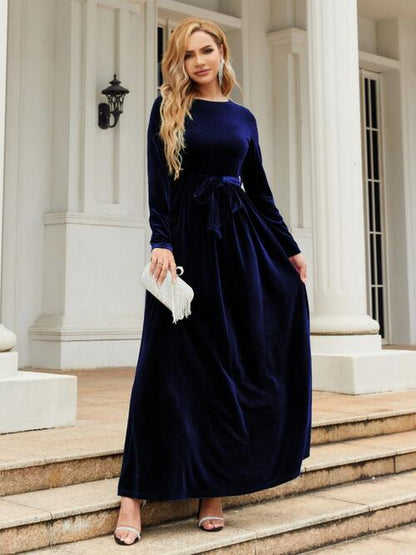 Tie Front Round Neck Long Sleeve Maxi Dress Navy A@Y@Y clothes Ship From Overseas