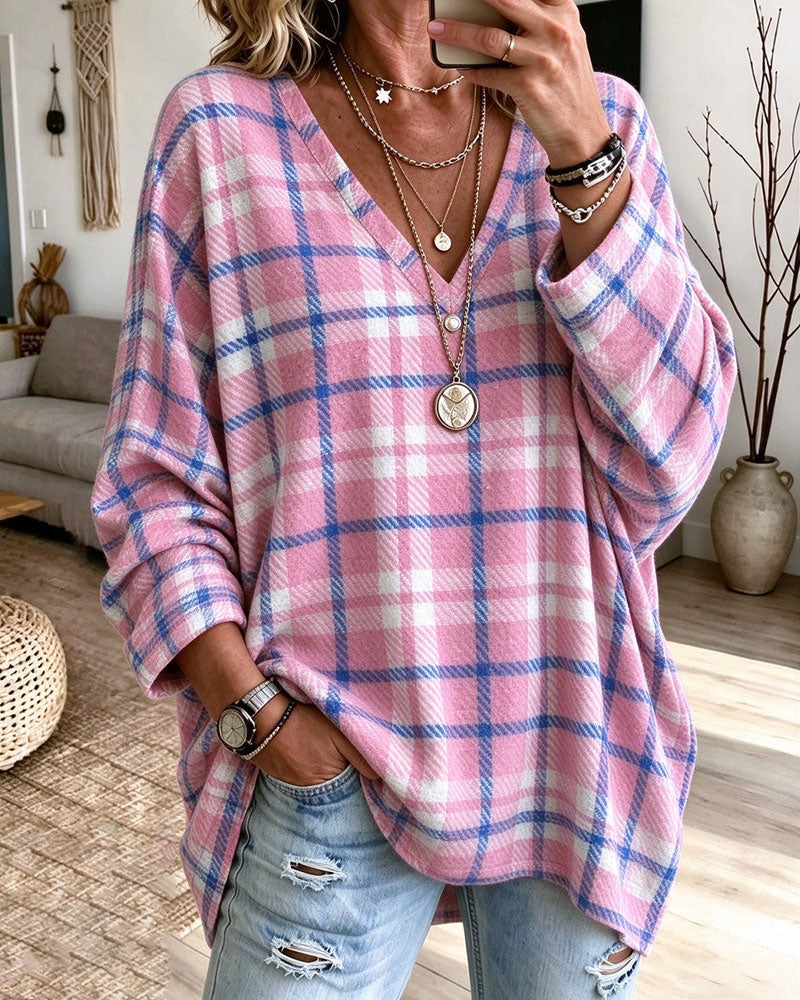 V-Neck Plaid Contrasting Loose Top 2024f/w blouses & shirts