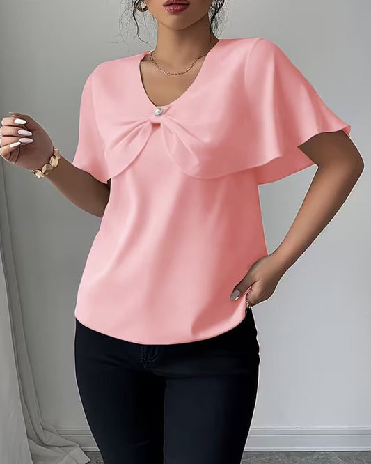 Solid Color Bow V-Neck Blouse blouses & shirts spring summer