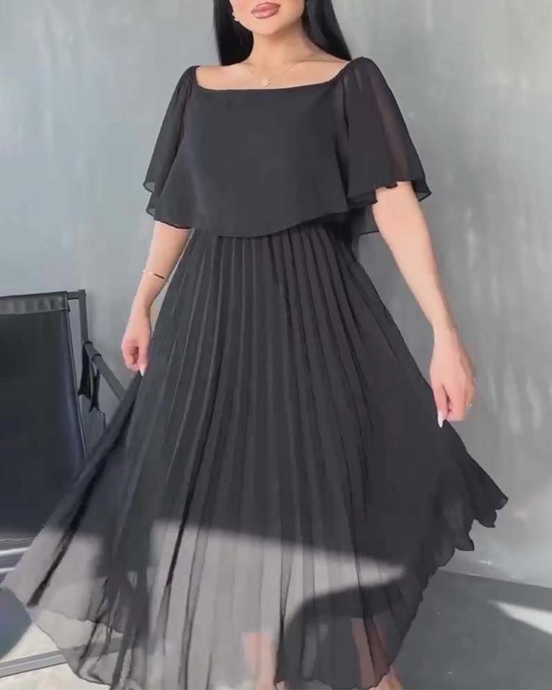 Solid color square neck pleated dress casual dresses summer