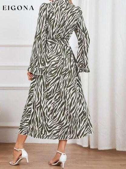 Animal Print Tie Front Ruffle Trim Long Sleeve Casual Maxi Midi Dress casual dresses clothes dress dresses H.Y.G@E long sleeve dress long sleeve dresses maxi dress Ship From Overseas