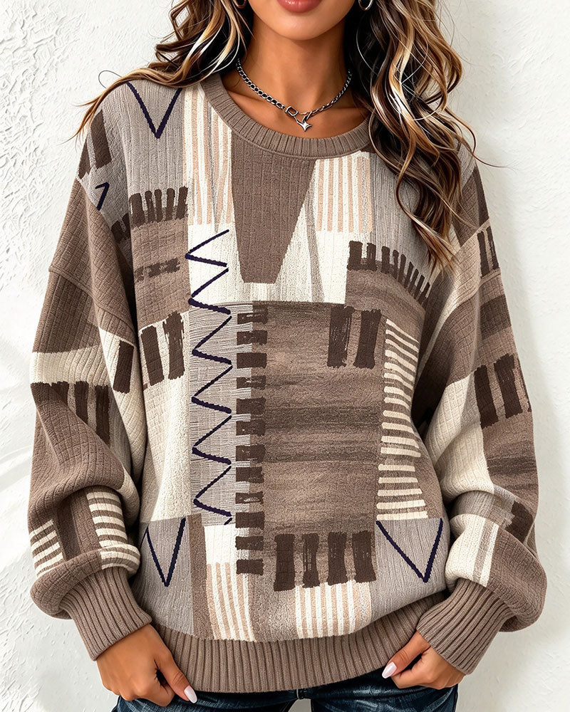 Crew Neck Checkered Color Block Sweatshirt