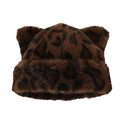 Leopard Print Plush Cat Ear Hat